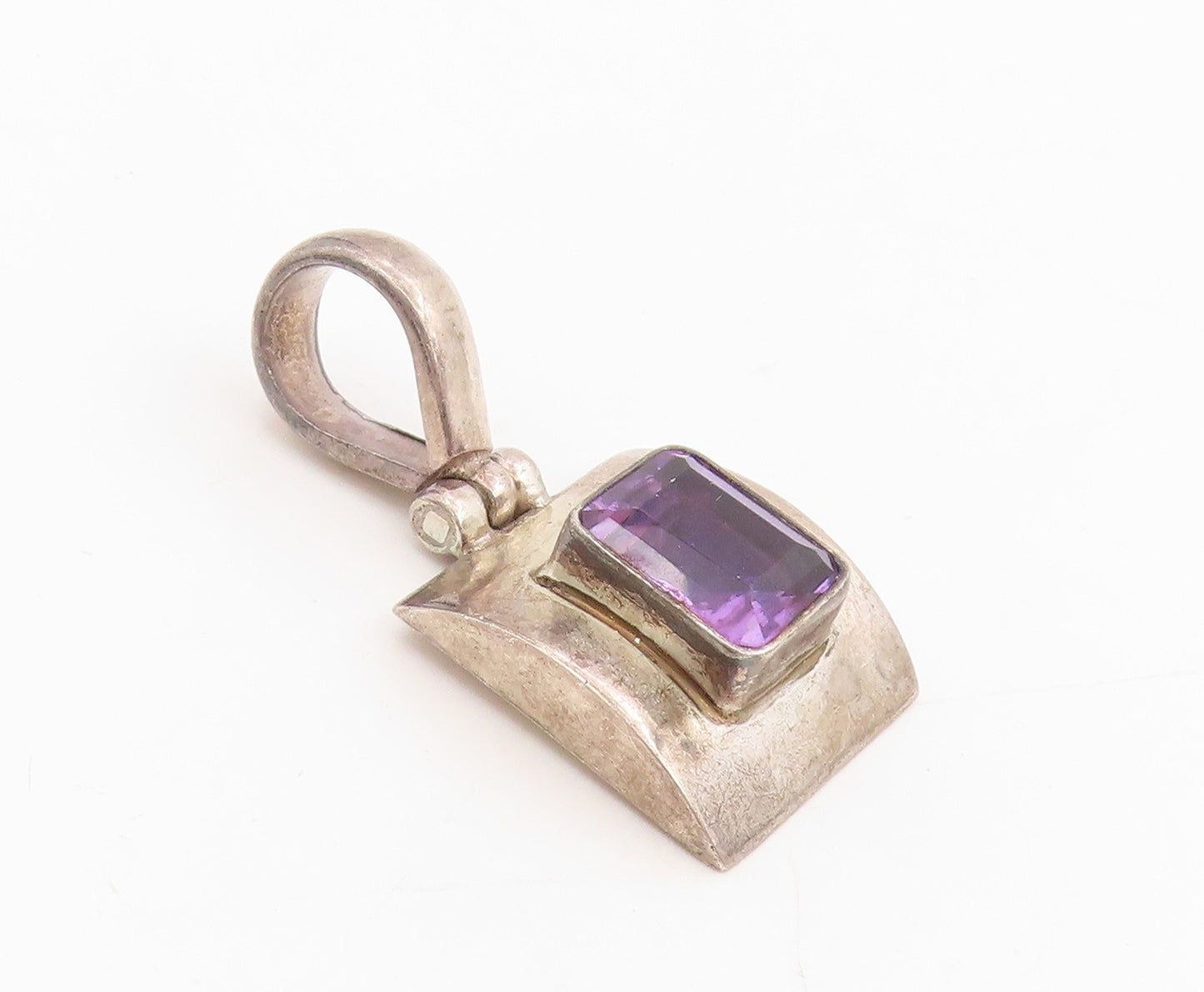 925 Sterling Silver Vintage Pendant Purple Amethyst Geometric Charm  PT25533