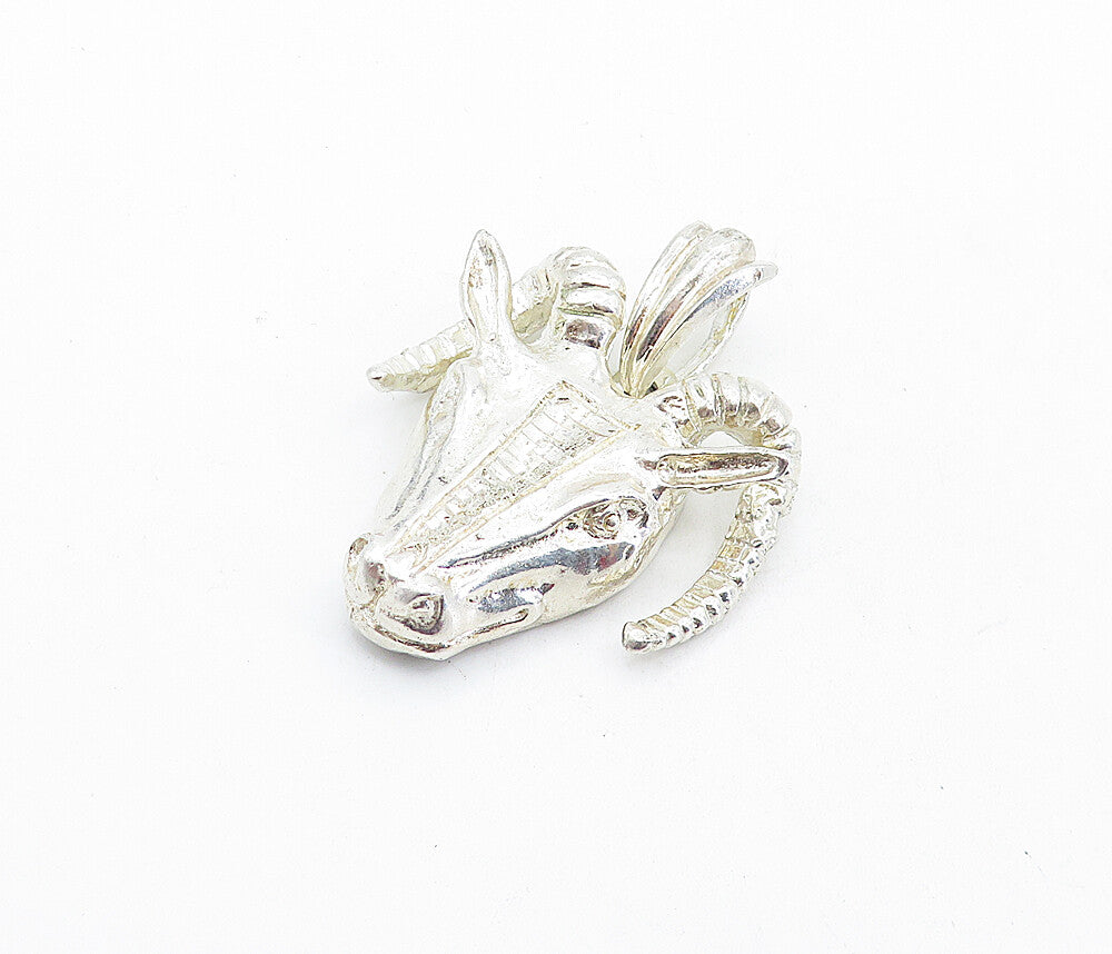 925 Sterling Silver  Vintage Shiny Sculpted Ram's Head Drop Pendant  PT4527