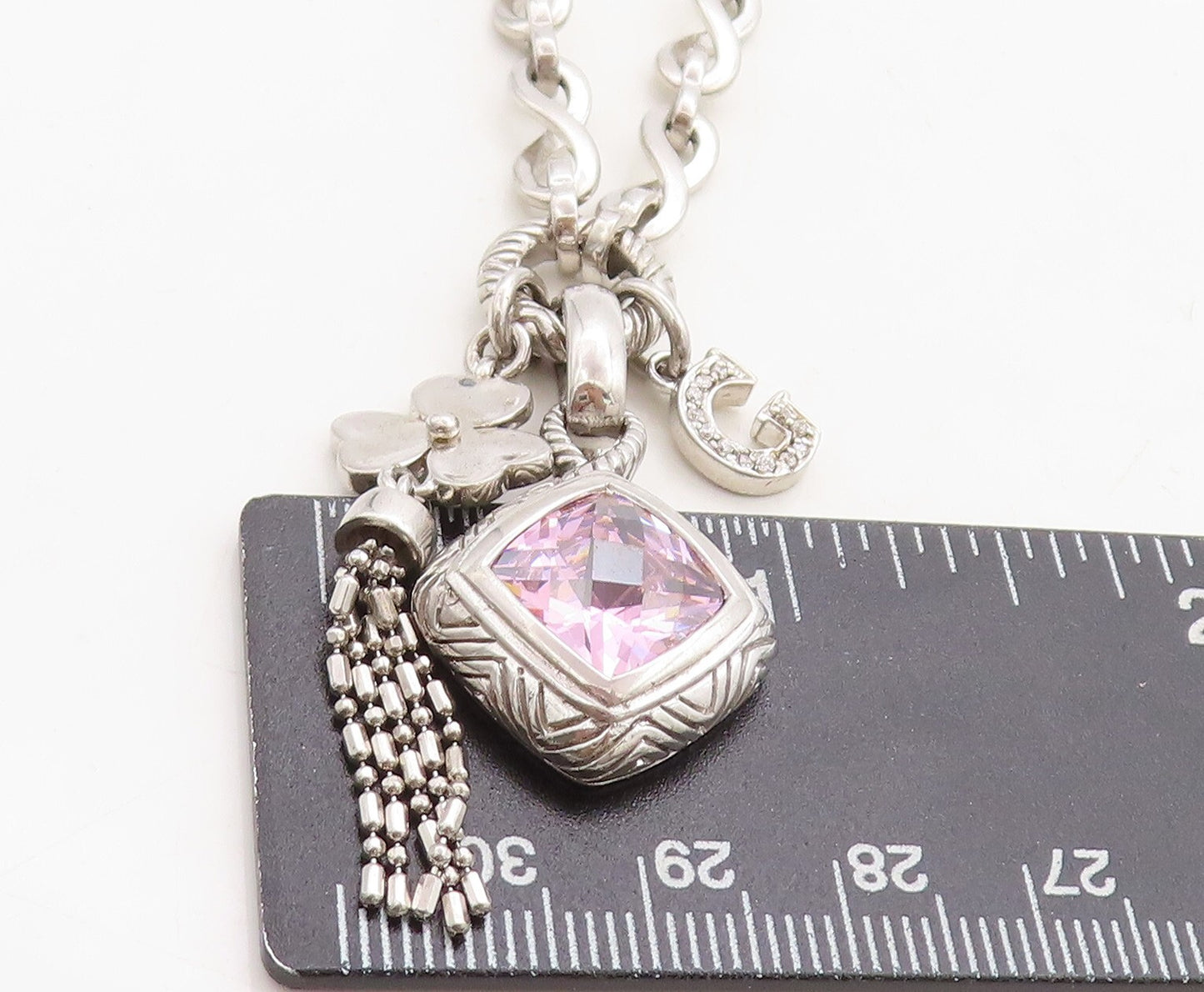 925 Sterling Silver Pink Cubic Zirconia Clover Charmed Chain Necklace NE1136