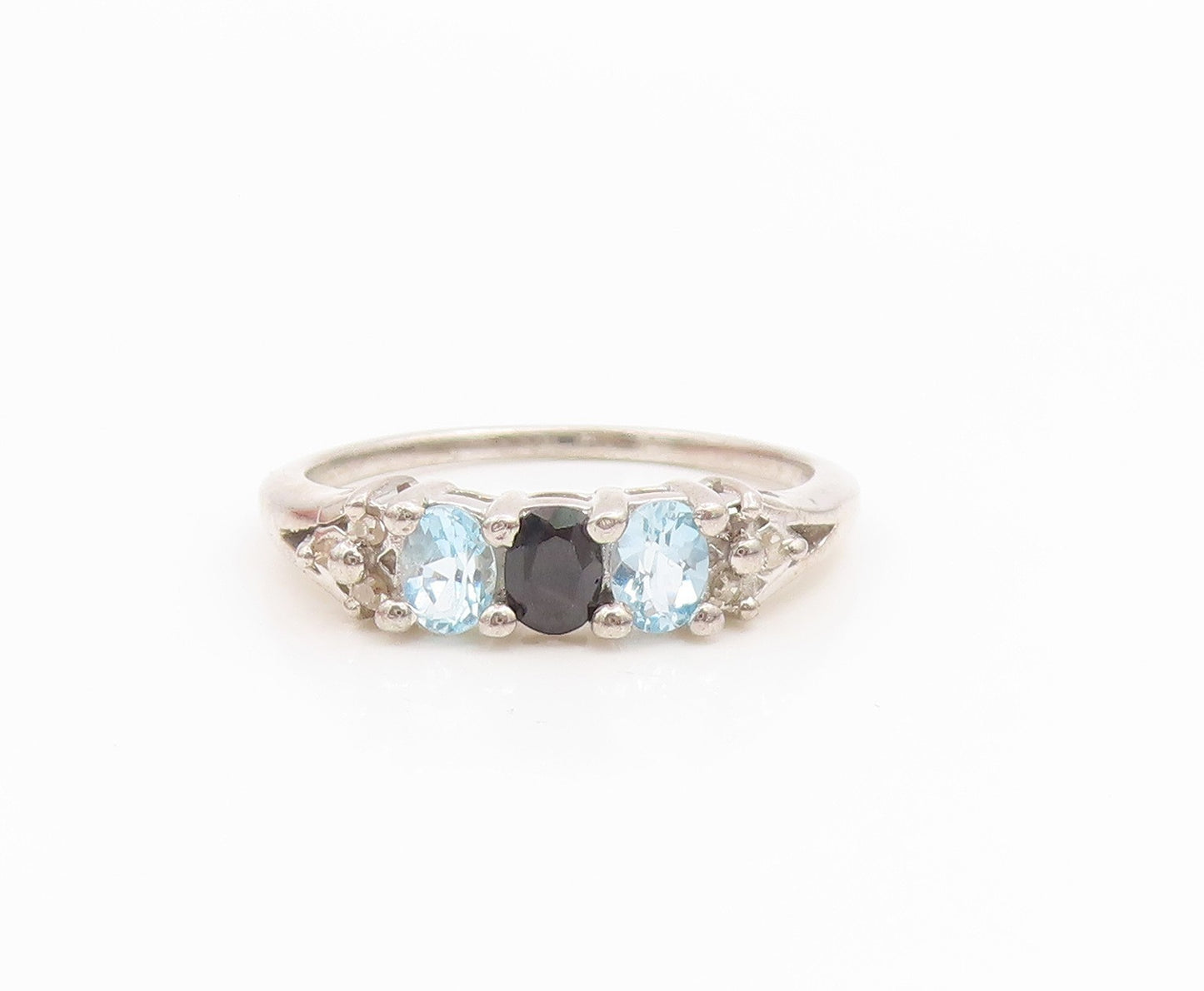 925 Sterling Silver Vintage Ring Three Stone Onyx & Blue Topaz  Sz 6.5  RG36159