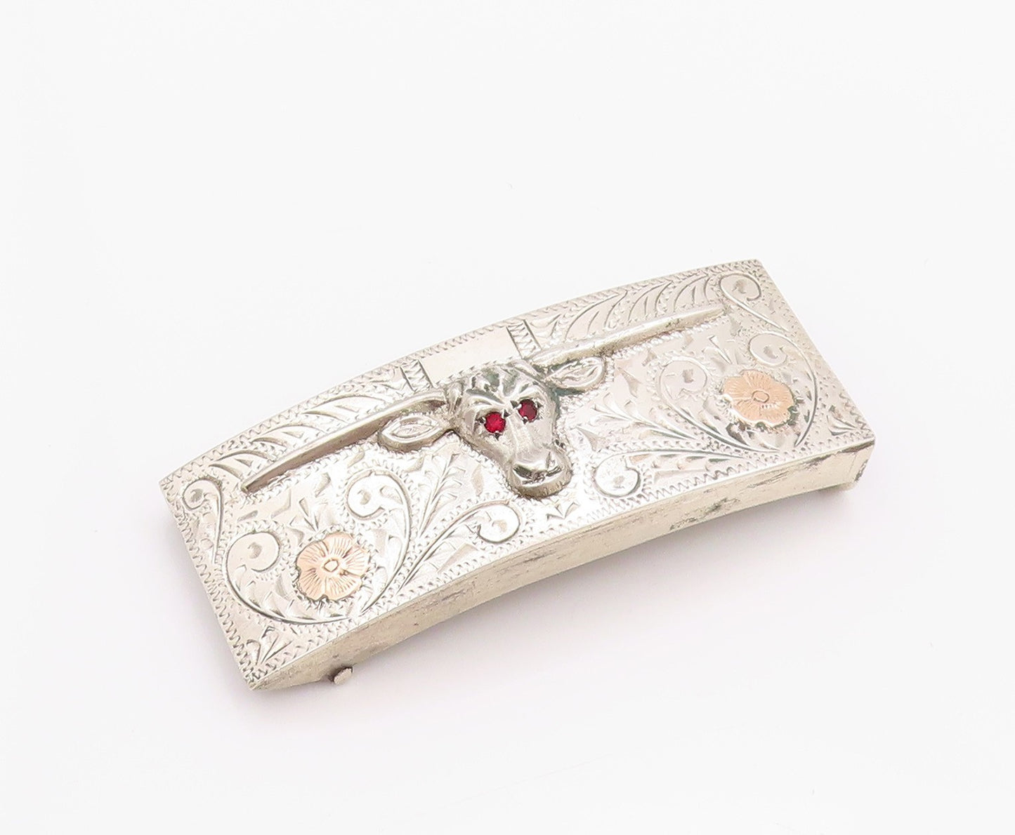 14k Gold 925 Sterling Silver Vintage Belt Buckle CZ Eyed Long Horn Bull  TR3917