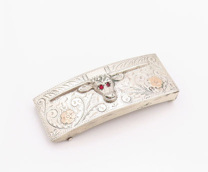 14k Gold 925 Sterling Silver Vintage Belt Buckle CZ Eyed Long Horn Bull  TR3917