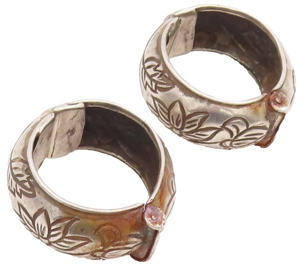 925 Sterling Silver Earrings MEXICO Antique Floral Etched Solid Hoops  EG12842