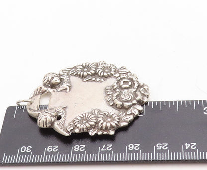 925 Sterling Silver Vintage Pendant Dark Tone Floral Border Carved  PT23735