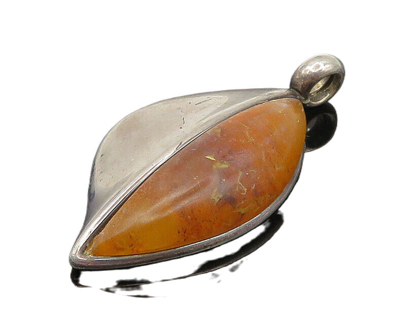 925 Sterling Silver  Vintage Amber Modernist Floral Leaf Pendant  PT14799
