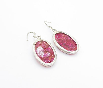 925 Sterling Silver  Vintage Crushed Pink Gemstone Oval Drop Earrings  EG3128