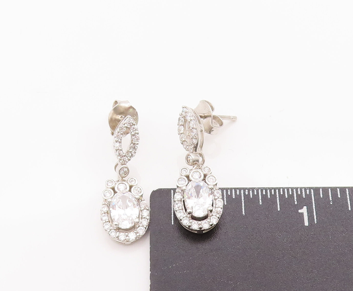 925 Sterling Silver Vintage Earrings Carved Eye Shape & Dangling Oval CZ EG13006