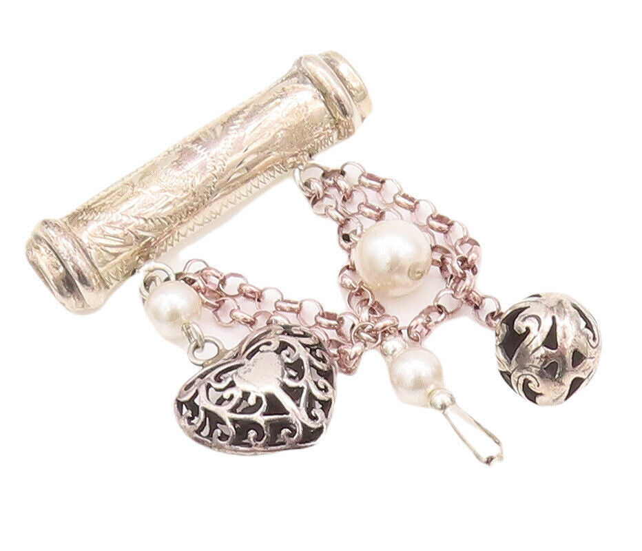 925 Sterling Silver Vintage Brooch Pin Carved Dangling Peal Heart Charms BP10821