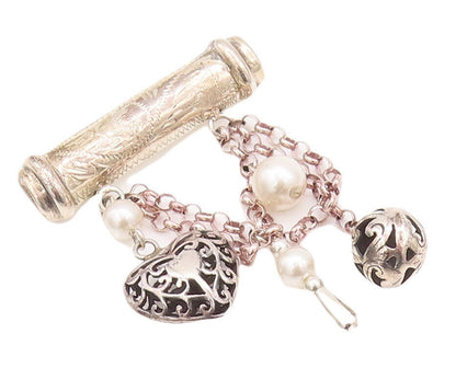 925 Sterling Silver Vintage Brooch Pin Carved Dangling Peal Heart Charms BP10821