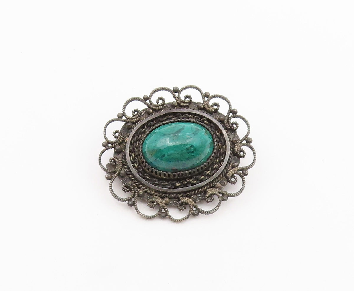 ISRAEL 925 Silver  Vintage Cabochon Eilat Stone Swirl Twist Brooch Pin  BP7640
