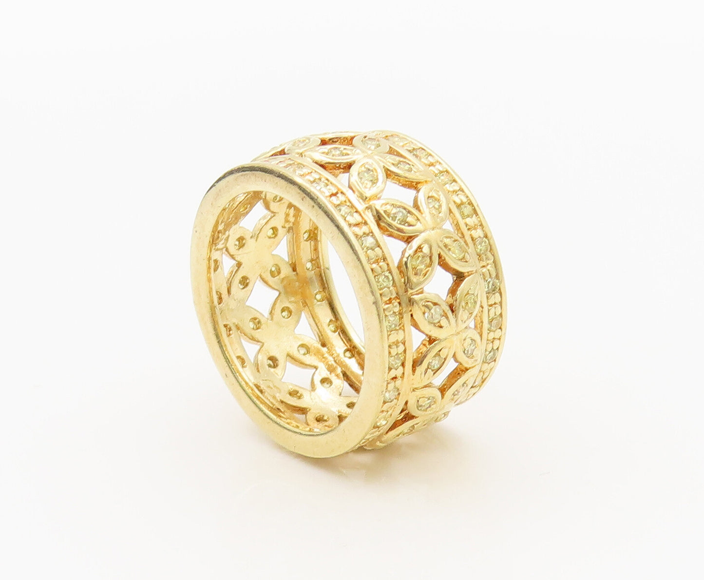 925 Sterling Silver  Vintage Gold Plated Cutout Round CZ Ring Sz 7  RG27385