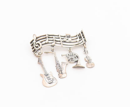 925 Sterling Silver Vintage Brooch Musical Notes & Dangling Instruments  BP11697