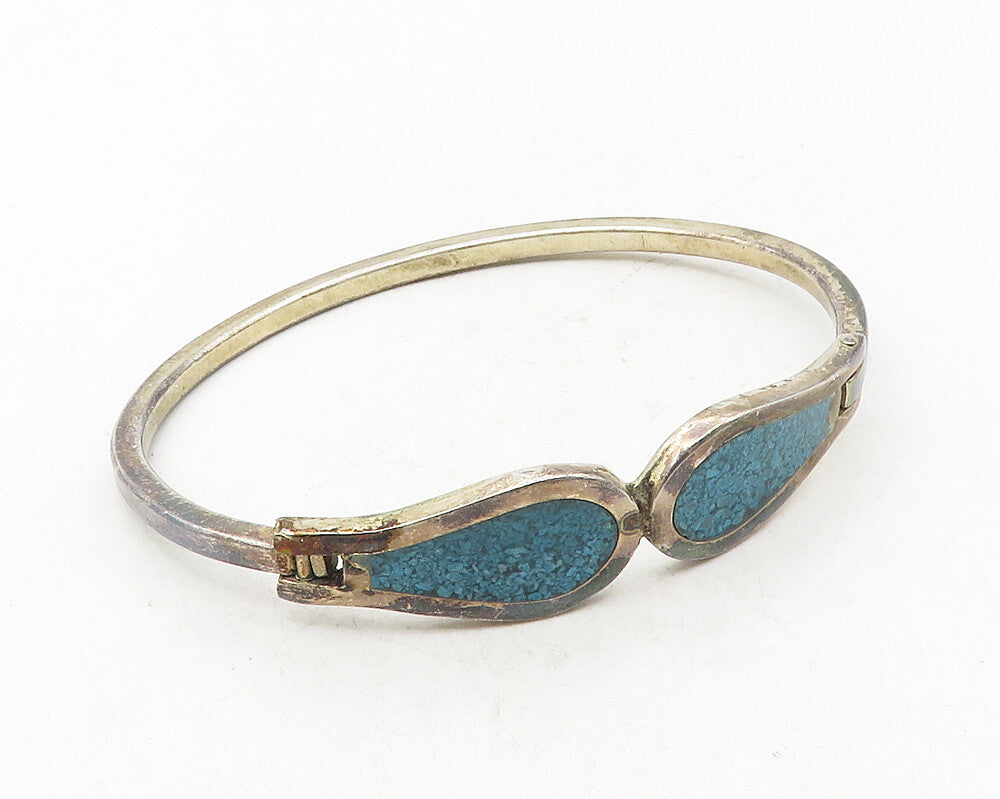 MEXICO 925 Silver  Vintage Inlaid Crushed Turquoise Bangle Bracelet  BT4180
