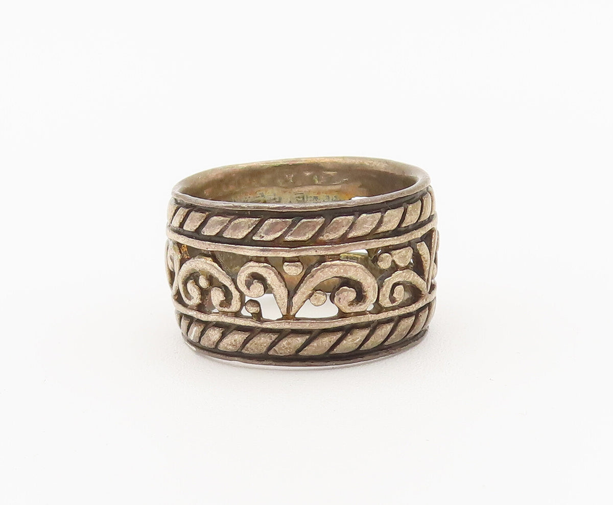 925 Sterling Silver Vintage Ring Swirls And Twisted Rope Carved Sz 9.5  RG27846