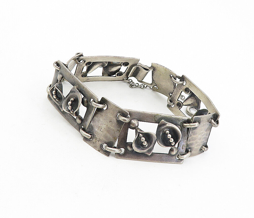 925 Sterling Silver Vintage Oxidized Flower Square Link Chain Bracelet BT3781