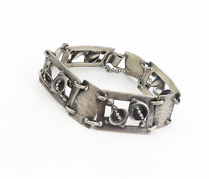925 Sterling Silver Vintage Oxidized Flower Square Link Chain Bracelet BT3781