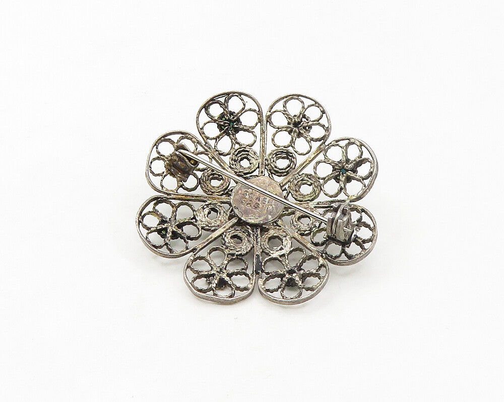 ISRAEL 925 Silver  Vintage Antique Turquoise Flower Motif Brooch Pin  BP6732