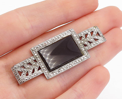 925 Sterling Silver  Vintage Black Onyx Floral Leaf Shiny Brooch Pin  BP1645