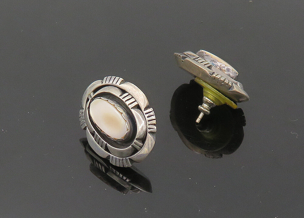 L.M. NEZ NAVAJO 925 Silver  Vintage Mother Of Pearl Drop Earrings  EG10104