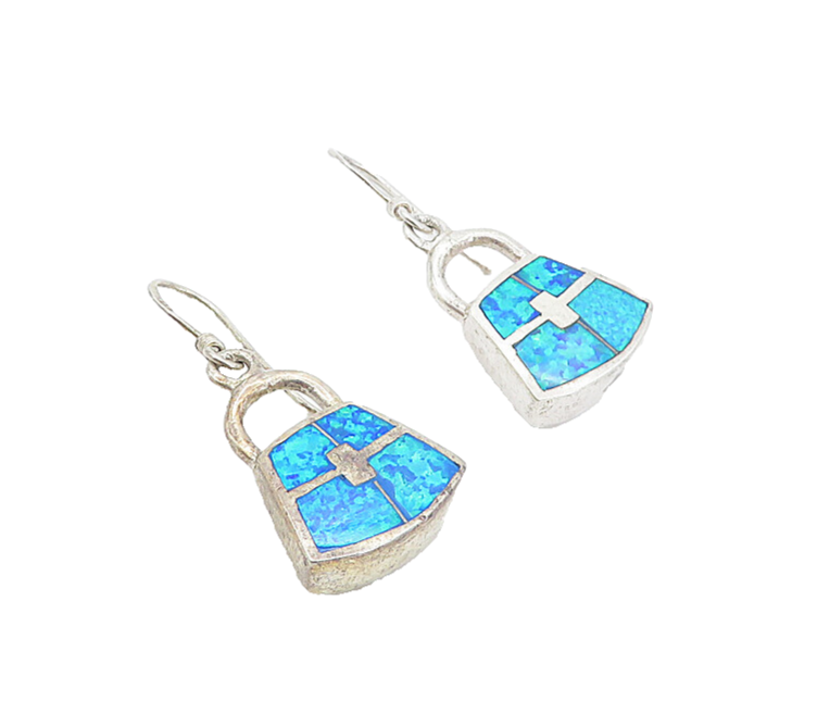 925 Sterling Silver  Vintage Inlaid Fire Opal Handbag Dangle Earrings  EG3354