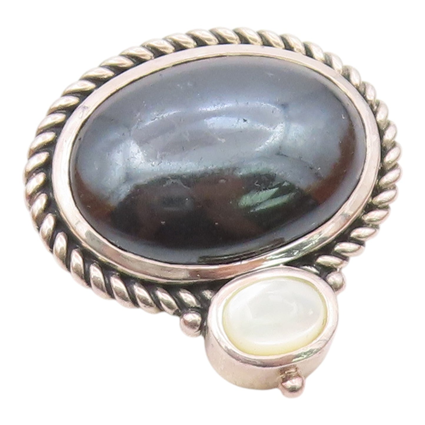 925 Sterling Silver  Vintage Hematite & Mother Of Pearl Twist Pendant PT7594