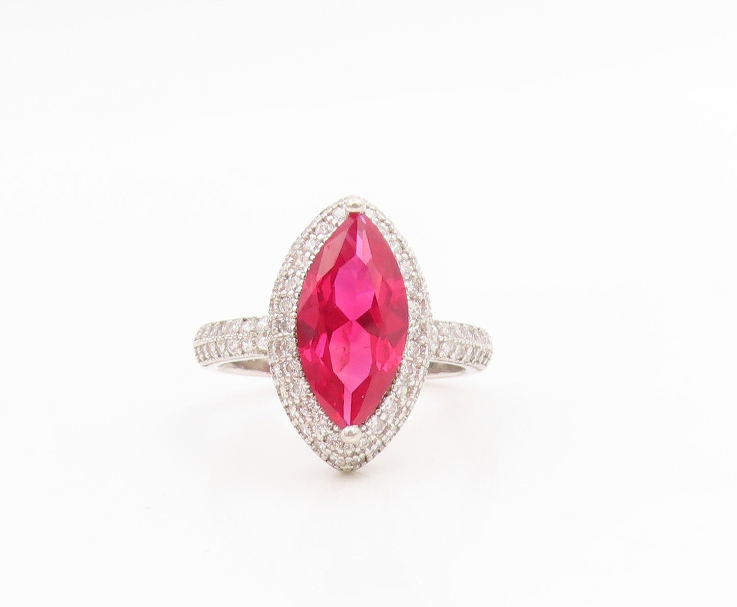 925 Sterling Silver Vintage Ring Marquise Ruby Halo CZ Statement  Sz 7  RG34875
