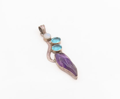 925 Sterling Silver Vintage Pendant Blue Topaz & Amethyst Leaf Drop  PT25572