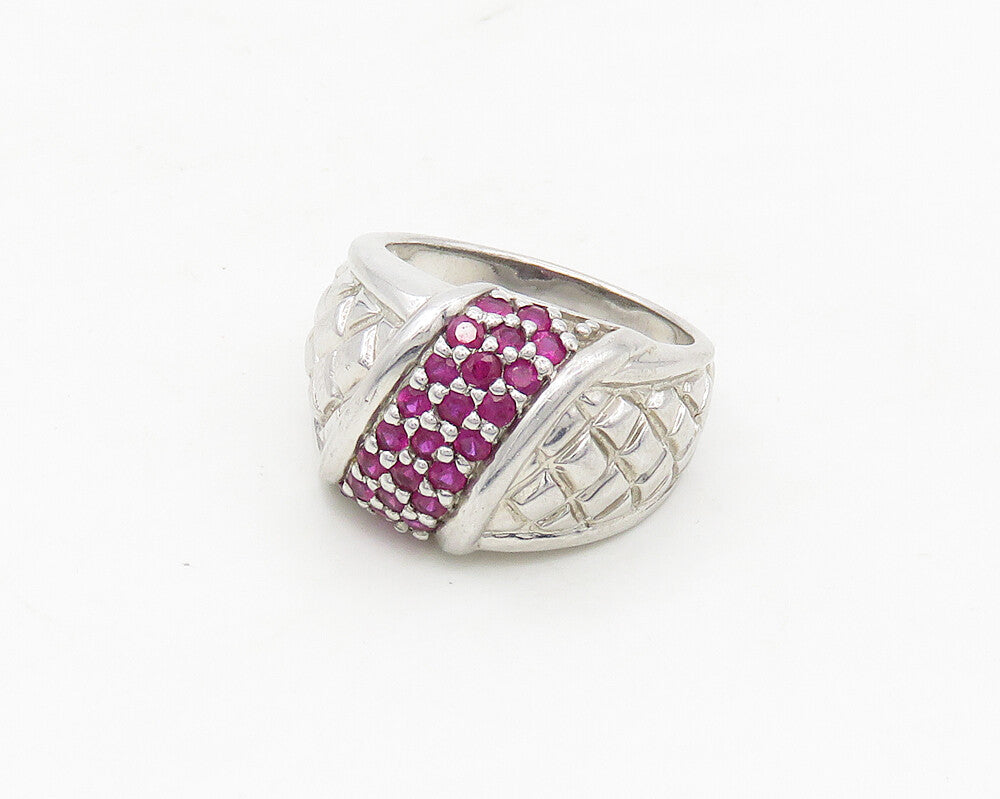 925 Sterling Silver  Ruby Cluster Shiny Quilted Detail Band Ring Sz 8  RG17468