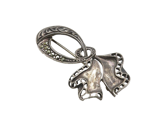 925 Sterling Silver  Vintage Marcasite Oxidized Ribbon Brooch Pin  BP6357