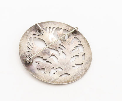 925 Sterling Silver Vintage Brooch Pin Solid Round Frame Floral Cutout  BP10557