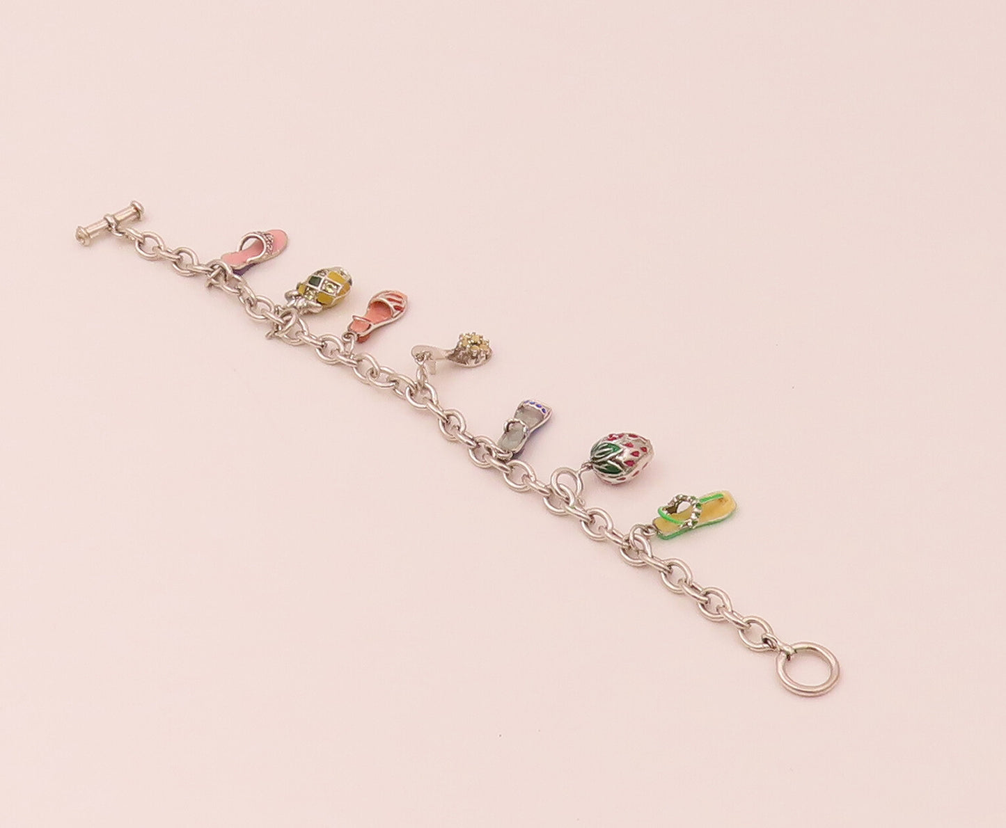 925 Silver  Vintage Dangling Cinderella Shoes Chain Charm Bracelet  BT9816