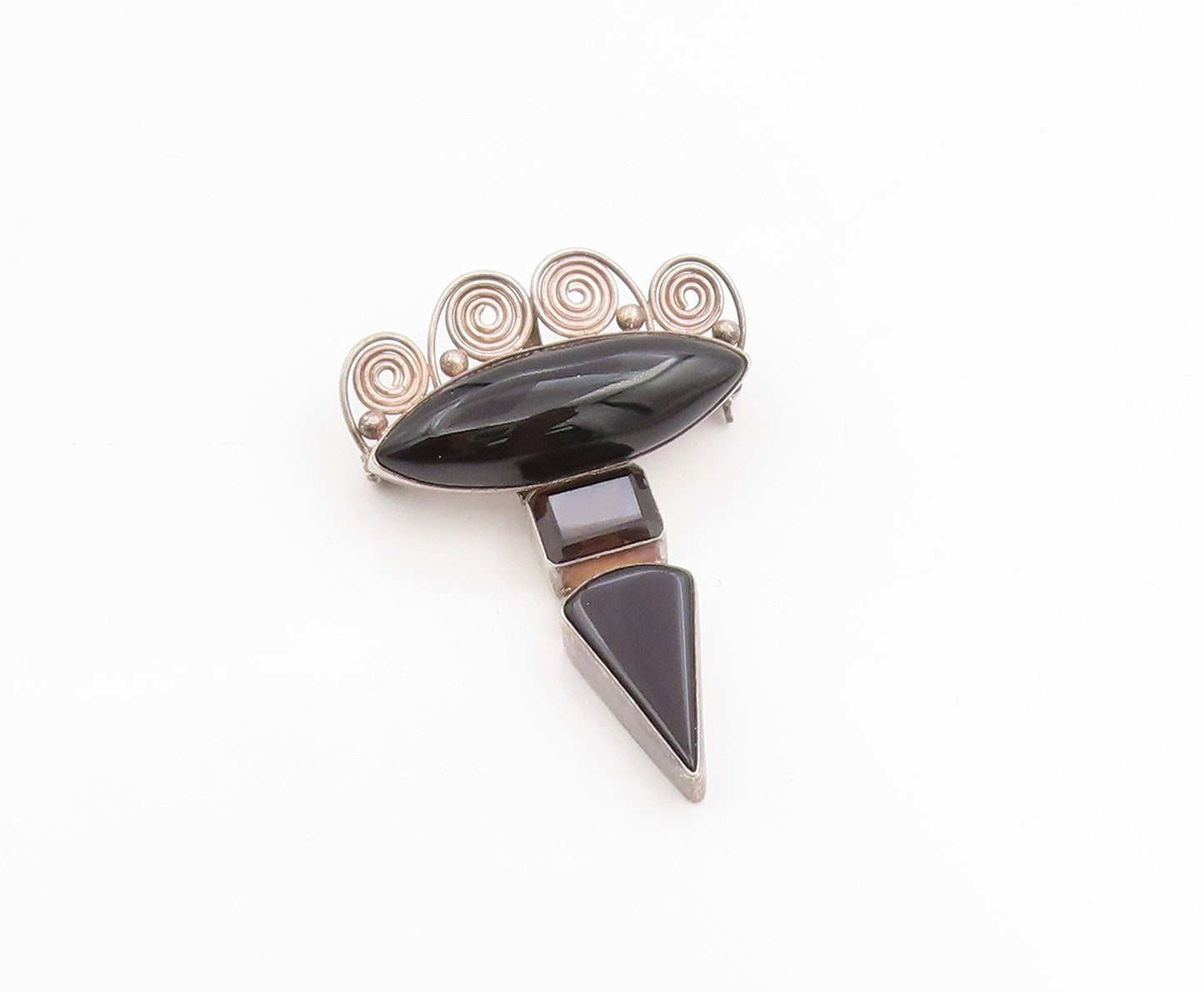 925 Sterling Silver Vintage Brooch SAJEN Smoky Quartz & Onyx Swirly Pin  BP11955