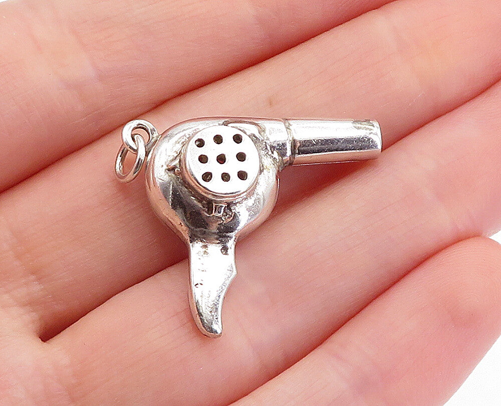 925 Sterling Silver  Vintage Shiny Hair Blow Dryer Motif Drop Pendant  PT3639