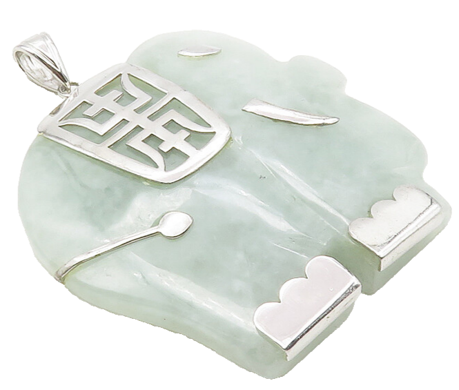 925 Sterling Silver  Elephant Carved Jade Chinese Character Pendant  PT7840