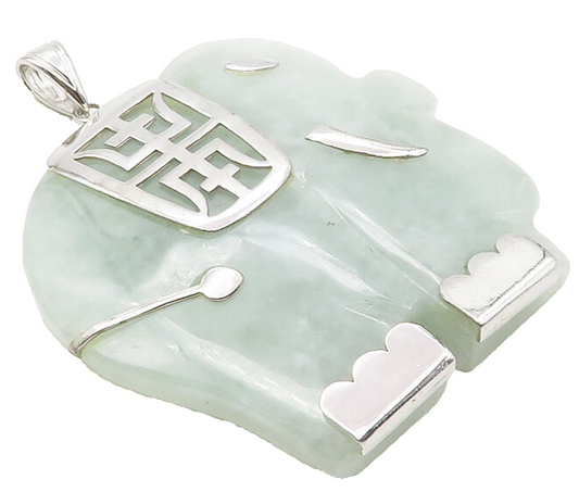 925 Sterling Silver  Elephant Carved Jade Chinese Character Pendant  PT7840