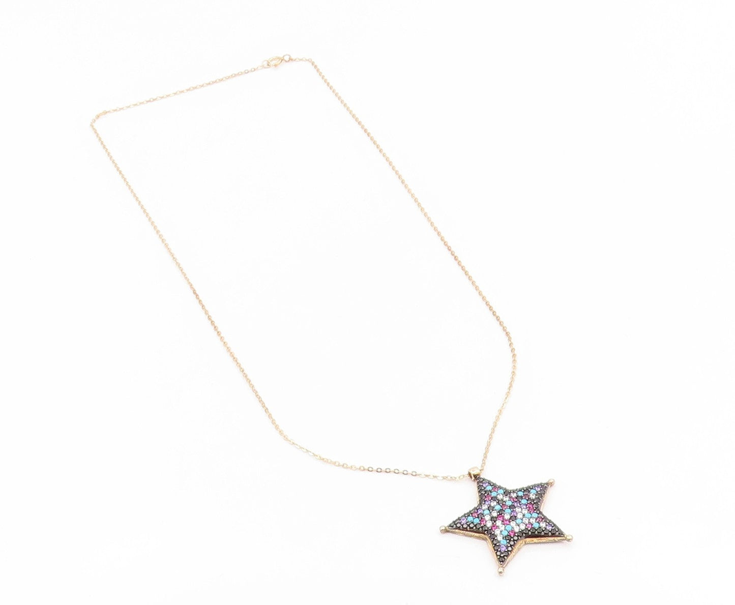 925 Sterling Silver Vintage Necklace Gold Plated Multi Gemstone Star  NE4848