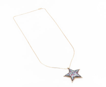 925 Sterling Silver Vintage Necklace Gold Plated Multi Gemstone Star  NE4848