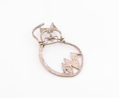 925 Sterling Silver Vintage Brooch CARSI MEXICO Hammered Cat Outline Pin BP11960