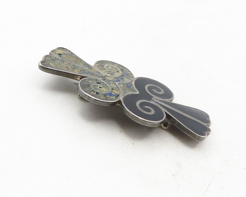 MEXICO 925 Sterling Silver  Vintage Jasper & Black Onyx Brooch Pin  BP3905