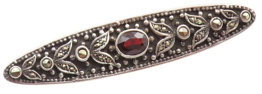 925 Sterling Silver Vintage Brooch Garnet & Marcasite Accent Floral Pin  BP12279