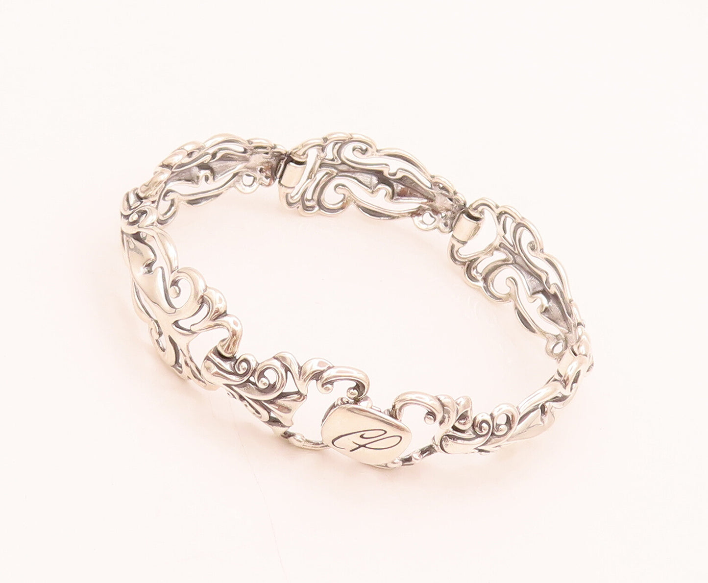 CAROLYN POLLACK 925 Silver Vintage Swirly Stencil Cutout Link Bracelet BT10025