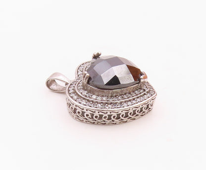 925 Silver  Vintage Hematite & Cubic Zirconia Love Heart Pendant  PT19814