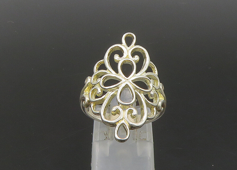 925 Sterling Silver  Vintage Shiny Open Floral Motif Band Ring Sz 8.5  RG23190