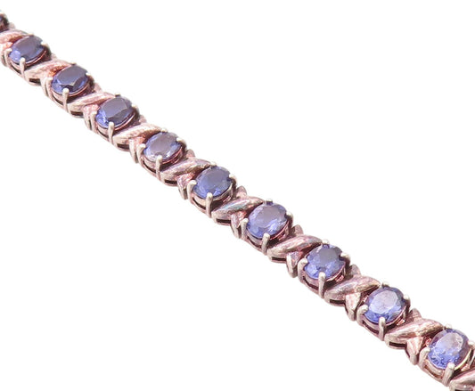 925 Sterling Silver Vintage Bracelet Oval Cut  Amethyst X Carved Links BT11254