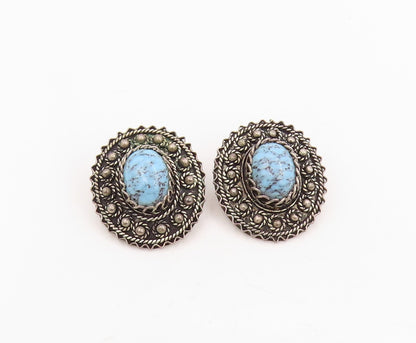 925 Sterling Silver Vintage Earrings Oval Turquoise Intricate Rope Edge  EG13994