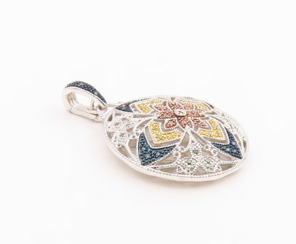 925 Sterling Silver Vintage Pendant Real Diamonds Floral Mandala  PT26241