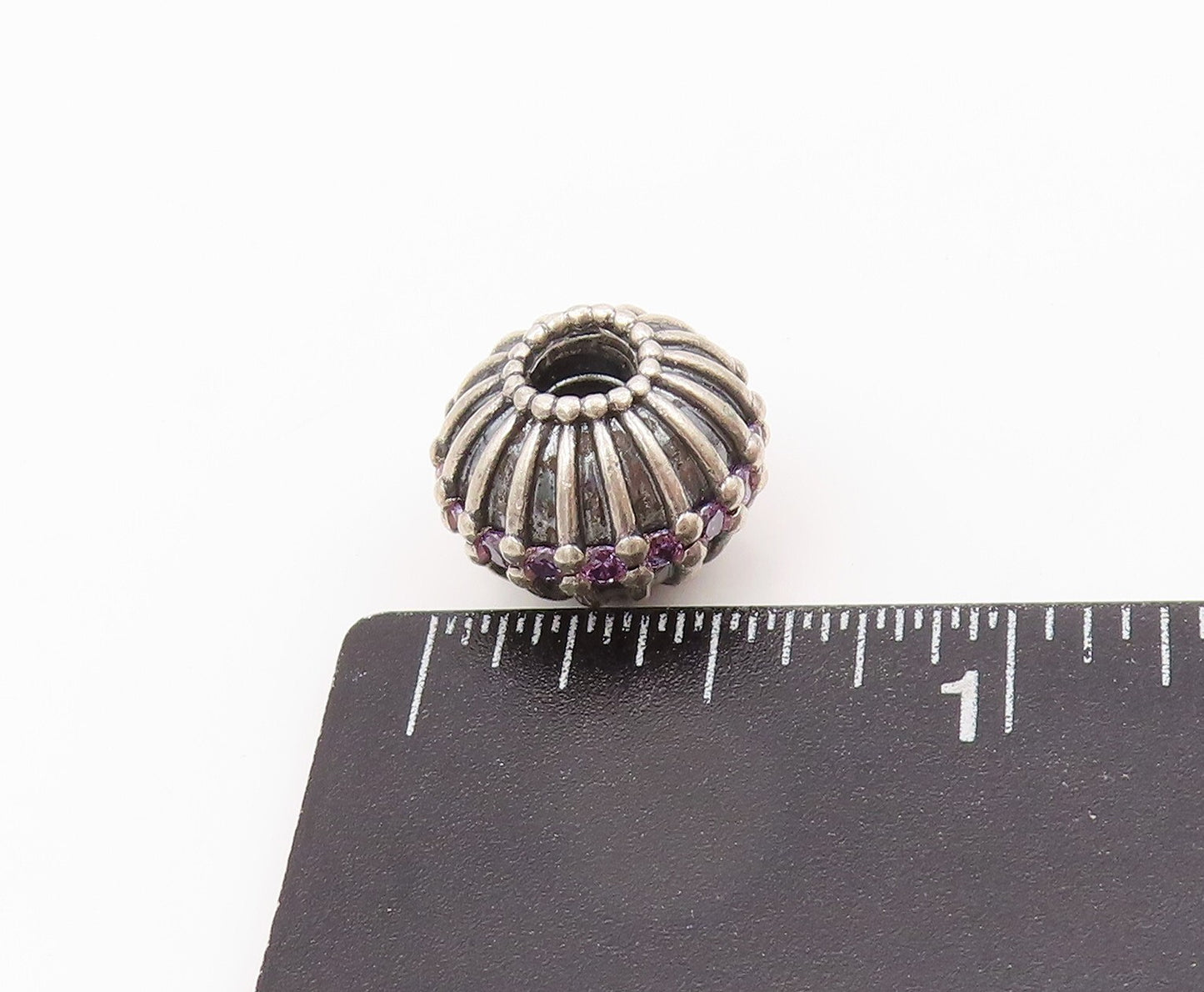 925 Sterling Silver Vintage Pendant PANDORA Amethyst Inlay Grooved Bead  PT24188