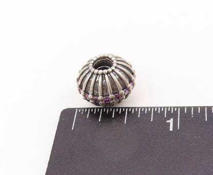 925 Sterling Silver Vintage Pendant PANDORA Amethyst Inlay Grooved Bead  PT24188