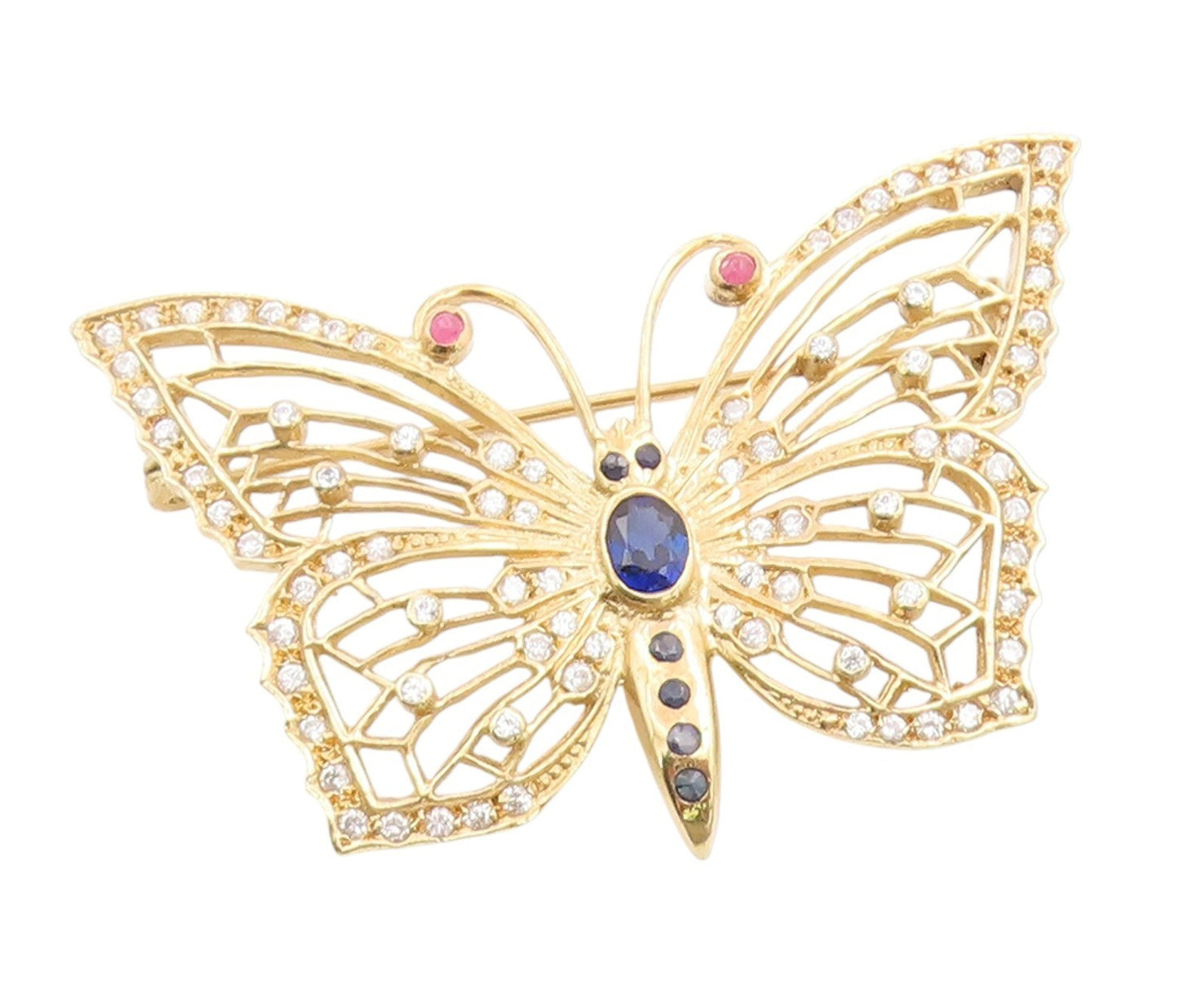 925 Sterling Silver Vintage Brooch Pin Gold Plated Sapphire Butterfly  BP12273