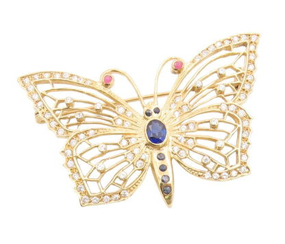 925 Sterling Silver Vintage Brooch Pin Gold Plated Sapphire Butterfly  BP12273